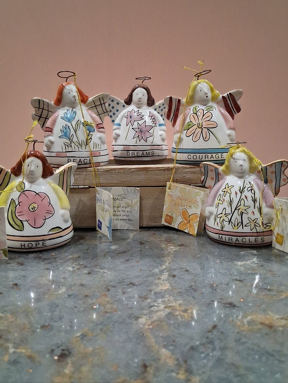 Russ Berrie Messengers of Light Angel Bell 5 pcPeace,Courage,Dreams,Miracle,Hope